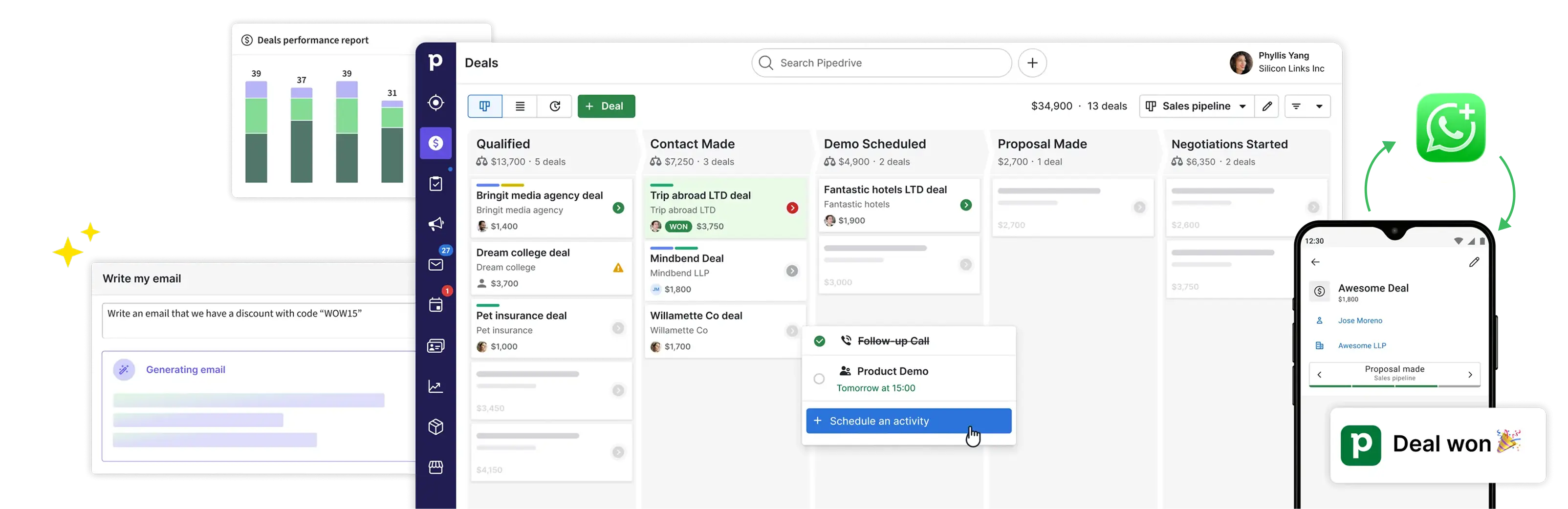O CRM do Scale Stack em uso: funil de vendas em kanban com os negócios distribuídos por etapa, relatório de desempenho, redação de e-mail por IA, integração com WhatsApp e o mesmo funil aberto no celular.